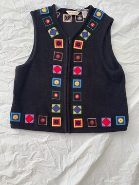 Vintage Bechamel Black Fleece Zip Vest with Multicolor Geometric Appliqués